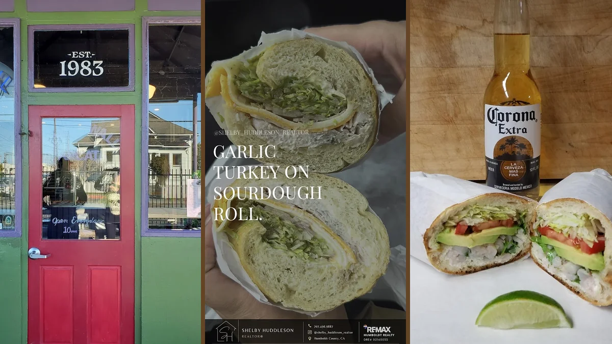 Wrapped sandwiches and cold drinks on a simple counter